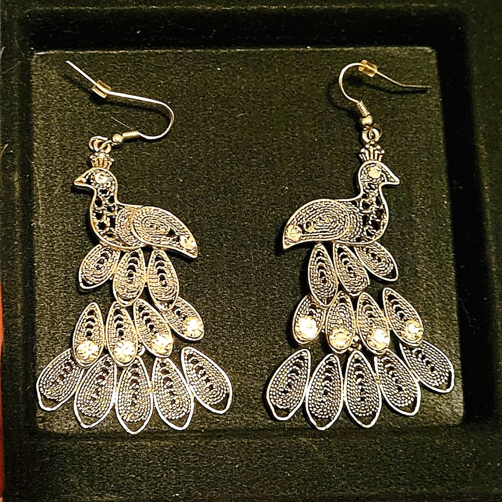 Silver & Rhinstone Peacock Dangle Earrings,  never worn